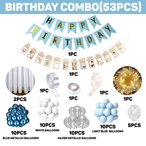 Image of Party Propz 1st Birthday Decoration Kit For Boys - 53 Pcs 12 Months Photo Banner for Birthday, Birthday Banner, Net Curtains, String Light, White, Silver And Blue And Silver Birthday Decoration Kit