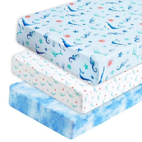 Image of PHF 3 Pack Soft Whale Crib Sheets Fitted, Silky Comfy Breathable Baby Sheets for Boys Girls Neutral, 28x52 Inches Fits Standard Crib and Toddler Mattresses, Whale