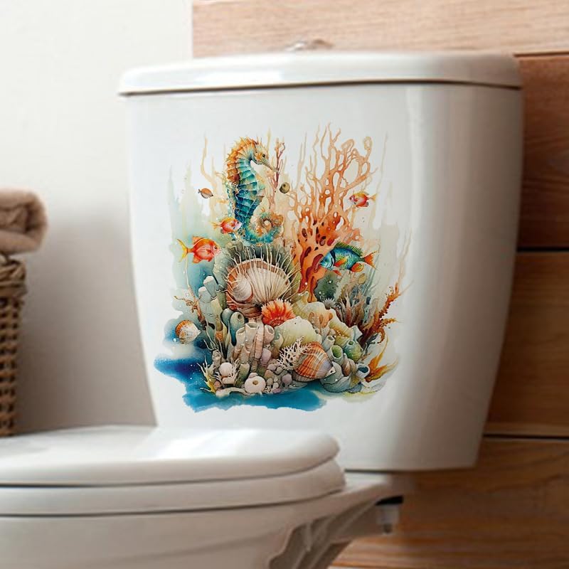 Shoal of Coral Sea Starfish Toilet Cover Sticker Decals,Ocean Coral Seahorse Waterproof Toilet Lid Tank Seat Decals Cistern Self-Adhesive Bathroom Wall Sticker