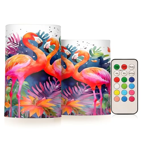 Kigai Watercolor Flamingos Flameless Candles with Remote Control and Timer,Battery Operated LED Pillar Candles Adjustable Brightness for Ourdoor Indoor Use,Home Decor,2 Pack