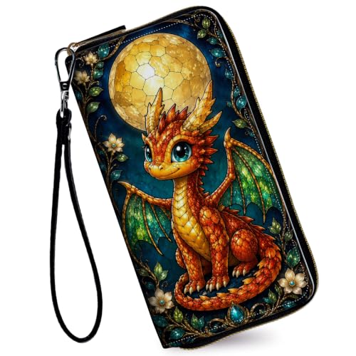 Image of Women's Wallets Credit Card Holder Money Leather Long Wallet | Long wallet with Wristlet,Large Capacity with Zip-Around Phone Purse for Women Ladies Girls,Cute Red Dragon
