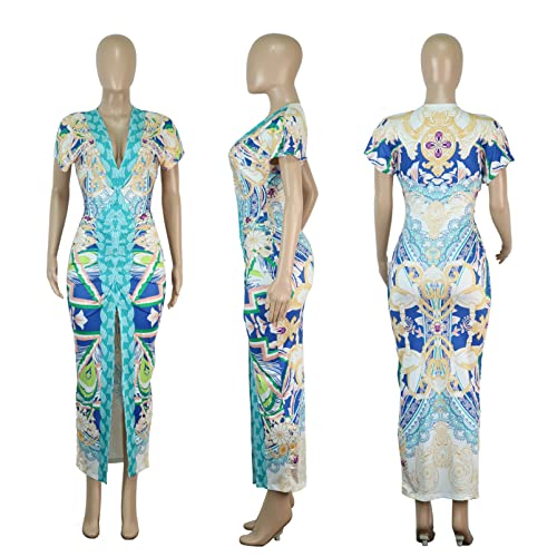 Image of Womens Sexy Cap Sleeeve Deep V Neck Ruffles Printed Bodycon Split Party Clubwear Dress