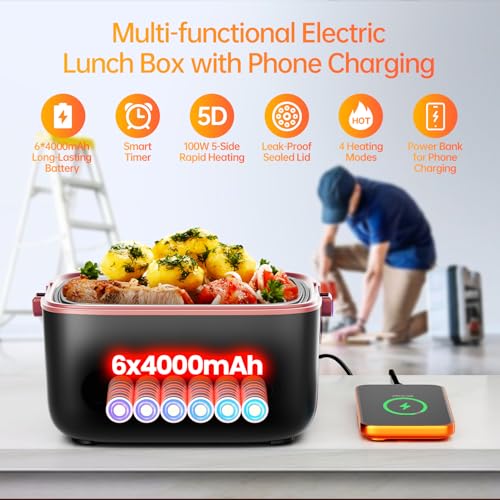 Image of 2X1.2L Cordless Electric Lunch Box For Adults,6x4000mAh Rechargeable lunch box Upgared 100W 5D Surround Heat Tech,Food Warmer 220F Max,with Dual Insulated Bag,BPA Free,Brown