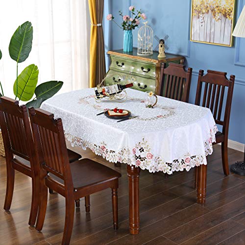 Pink Flower Embroidered Hemstitch Cream Spring Small Oval Tablecloths 53 X 76 Inch Approx #TOP1