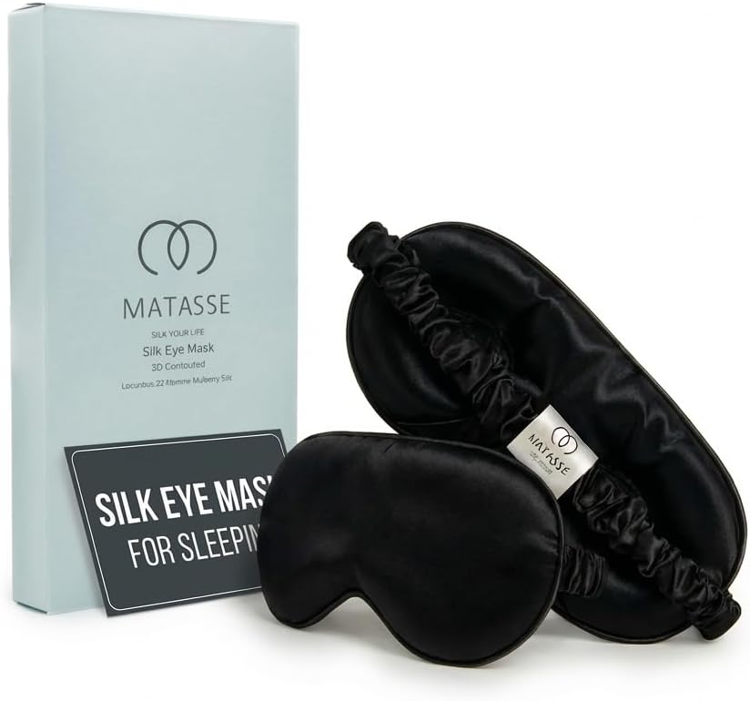 MATASSE 100% Mulberry Silk Sleep Mask 22 Momme Grade 6A - 3D Contoured Eye Mask for Sleeping, 14mm Deep Eye Cups, Total Blackout Blindfold for Women Men, Adjustable Strap, Side Sleeper (Black)
