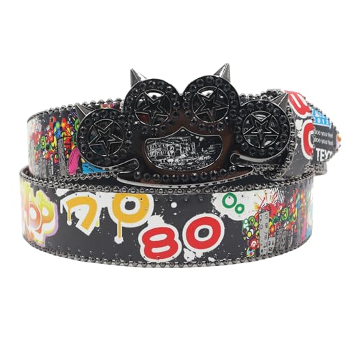 Unisex Graffiti Pattern Western Belt - Shining Cat's Claw Hollow, Rhinestones Studded Buckle, Punk Waist Strap3