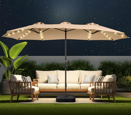15ft Large Double Sided Patio Umbrella with 48 Solar LED Lights & Base Included Heavy Duty Market Table Umbrella with 220gsm Fade-Resistant Canopy for Commercial & Residential Deck Pool Backyard (Beige)