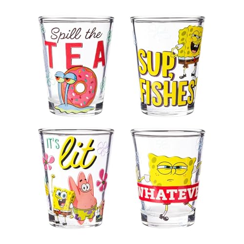 Image of Silver Buffalo Spongebob Squarepants Featuring Patrick Star and Gary Quotes Set 4 Pack Mini Glass Set, 1.5 Ounces