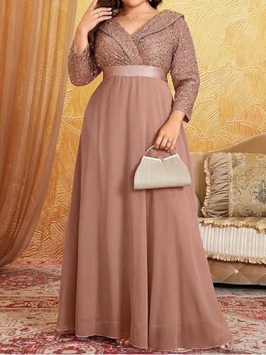 Women’S Plus Size V Neck Sequined Long Sleeve Luxurious Chiffon Evening Gown Sequin Banquet Gown A-Line Dresses2