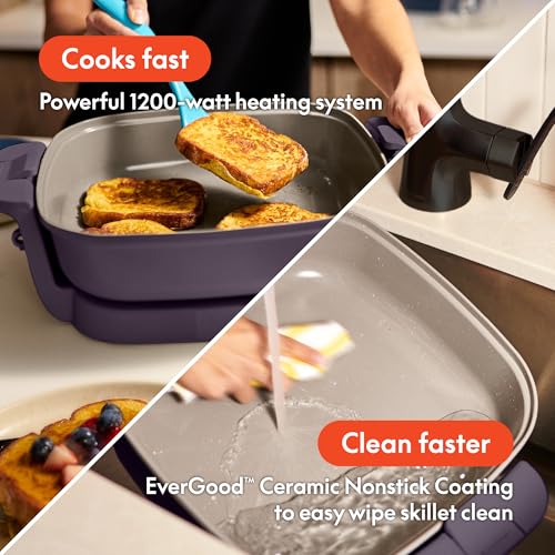 Image of bella Make & Take Electric Skillet, Fits-anywhere kitchenware, EverGood Ceramic Coating, Adjustable Temperature & Dishwasher-Safe Tempered Glass Lid, Cast Aluminum Base, 1200 Watt, Plum (Pack of 2)