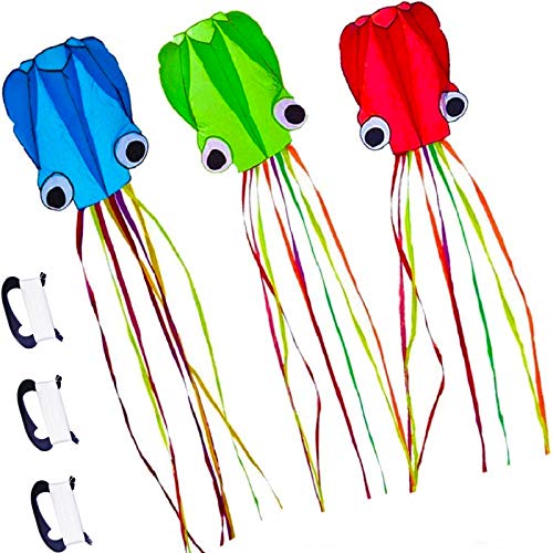 3 Pack Octopus Kite, 3D Kite Long Tail Easy Flyer Kite Beach Kites People Adults Gift 3 Colors (Blue Green Red) Kites for Kids Easy To Fly, Kite Kit with Kite String 100M, Kiteboarding Kite for Adults