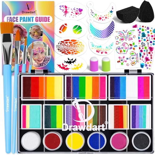 Drawdart Professional Face Painting Kit for Kids Adults, Large Split Cake Face Paint Palette| with Stencils, Book, Easy to Use and Safe for Kids, Fun for Halloween, Birthday Party, School Event