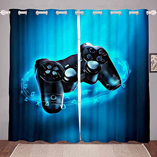 Loussiesd Boys Gaming Curtain Teens Gamer Window Drapes Black Blue Video Game Window Treatments for Kids Children Room Modern Game Controller Window Curtains W46*L72