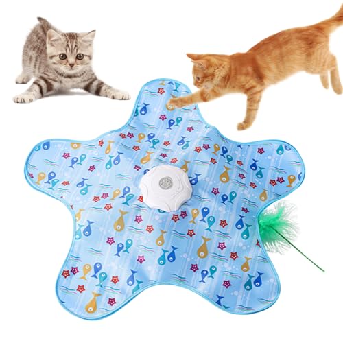 Hojalis Interactive Cat Toys for Indoor Cats, 360° Automatic Hide and Seek Cat Toy with Moving Feather & Chirping, USB Rechargeable & Motion Activated Kitten Game for Bored Cats (Blue)