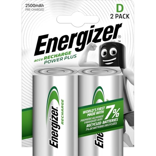 Energizer Recharge Power Plus - Rechargeable D Batteries (2 Pack) - 2500 mAh NiMH - Toys Radios and Torches - 100% Recyclable Plastic Free Packaging