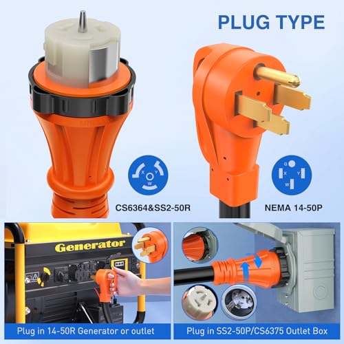 Image of Nilight 50 Amp 25FT Generator Extension Cord 250V 12500Watt Heavy Duty 6 /3+8 /1 Gauge Pure Copper STW Wire UL Listed 4 Prong 14-50P SS2-50R&CS6364 Twist Lock for RV Camper Outdoor Use