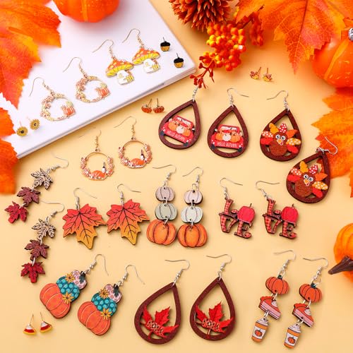 JOICEE 34 PCS Fall Thanksgiving Earrings Set,Autumn Earrings Set Pumpkin Turkey Maple Leaf Sunflower Wooden Dangle Earrings Stud Jewelry Earring Double Sided Print for Women Decor Halloween Party Gift3