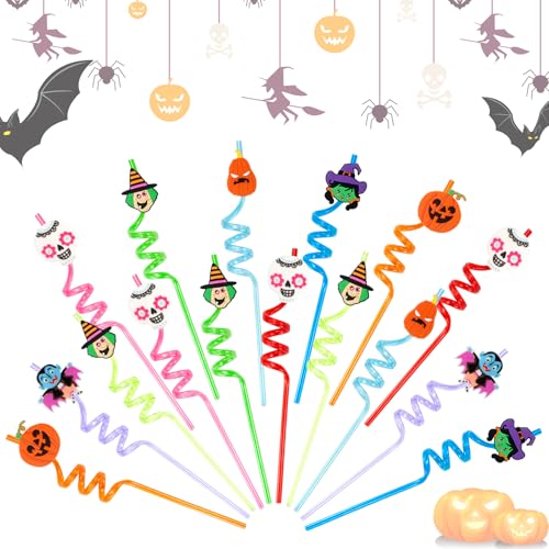 Pajitas de Plastico Reutilizables Niños Cañitas Paja de Bebida Rizada 16 Pzs Pajita Transparentes Pajitas de Colores Espiral para Pajita Fiesta de Halloween para Niños Adultos (Halloween)