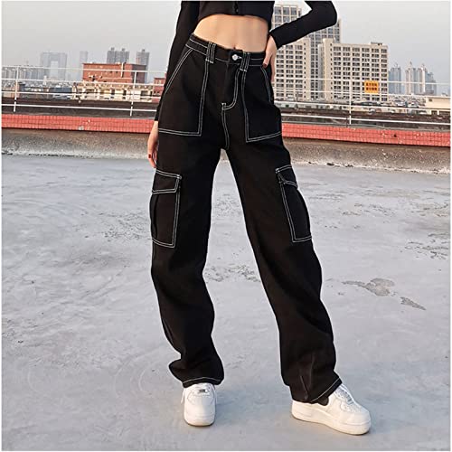 FantasyGears Y2k Baggy Jeans for Women,Aesthetic Demin Pants Wide Leg Vintage Black Cargo Jeans Trousers4