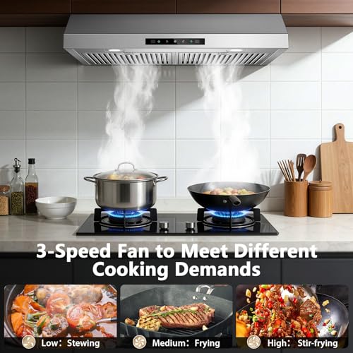 Image of Range Hood 30 inch Under Cabinet, 800 CFM Stainless Steel Range Hood with Gesture and Touch Control, kitchen hood with Carbon Filter, 3 Fan Speed, Ducted /Ductless Convertible