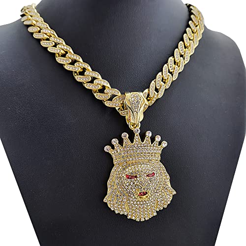 Iced Gold Plated Large Simulated Diamond King Crown Lion Bling Pendant & 13mm 16" 18" 20" 24" Cuban Chain Hip Hop Rapper Jewelry Necklace2