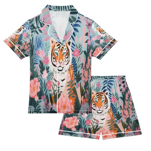 senya Flower Garden Tiger Satin Summer Pajama Sets Silk Short Sleeve Button Down Sleepwear
