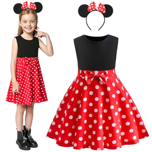 DiULi Robe à Pois pour Enfant Fille avec Bandeau de Souris Mignon,Robe de Princesse Cadeaux Adaptés Aux Filles,pour Anniversaire Fete Halloween Carnaval, 120