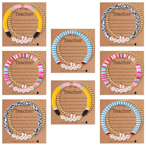 Huquary 16 Pcs Teacher Appreciation Bracelets Gifts for Women Clay Beaded Bracelets for Women Thank You Message Card for Teacher Graduation Birthday Retirement Gifts