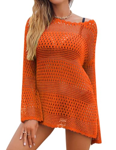 AOLRO Bathing Suit Cover Ups for Women Crochet Long Sleeve Swimsuit Hollow Out Bikini Coverup Tunic Top Beach Outfits S-XXL