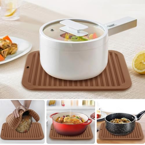 Image of 4 Pack Silicone Trivets for Hot Dishes Large 446F Heat Resistant Pot Holder Hot Pads for Kitchen 9'' x 12' Brown Silicone Trivet Mat for Hot Pots and Pans, Jar Opener, Drying Mat