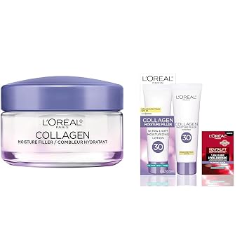 LOreal Paris Collagen Daily Face Moisturizer, Reduce Wrinkles, Face Cream 1.7 oz + LOreal Paris Collagen Moisture Filler Face Cream with Broad Spectrum SPF 30, + Face Serum Sample