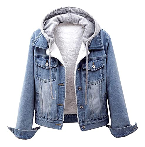 LifeShe Women's Winter Detachable Hoodie Sherpa Fur Fleece Lined Denim Jean Trucker Jacket Coat