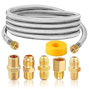 MCAMPAS 10 Feet High Pressure Braided Propane Hose Extension With Conversion Coupling 3/8″Flare to 1/2″ Female NPT, 1/4″ Male NPT,3/8″ Male NPT,3/8″ Male Flare for BBQ Grill, Heater, Fire Pit