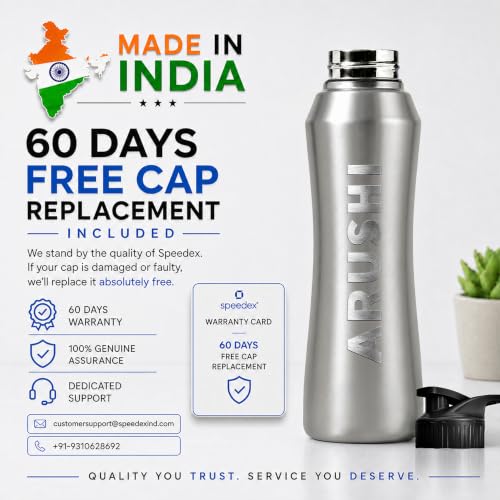 Image of Speedex Customised Stainless Steel Sipper Water Bottle 1 Ltr with Engraved Name - Personalised Flip Cap Bottle for Kids, Adults, School, Sports, Gym, Silver, Set of 1