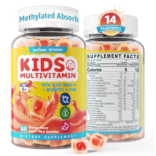 Kids Multivitamin Gummies with Iron, Sugar Free, Kids Daily Vitamins + Probiotics, Algae Omega 3 (EPA/DHA), A, C, D, Methyl B12, Folate, B6, Zinc, Biotin, for Healthy Growth, Immune Support, 60 Count