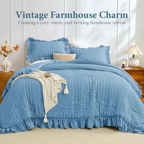 Image of JOLLYVOGUE Twin Size Comforter Set, 2 Pieces Sea Blue Seersucker Lightweight Fluffy Bedding Set, Twin Ruffle Comforter, All Season Soft Microfiber Shabby Chic Bed Set