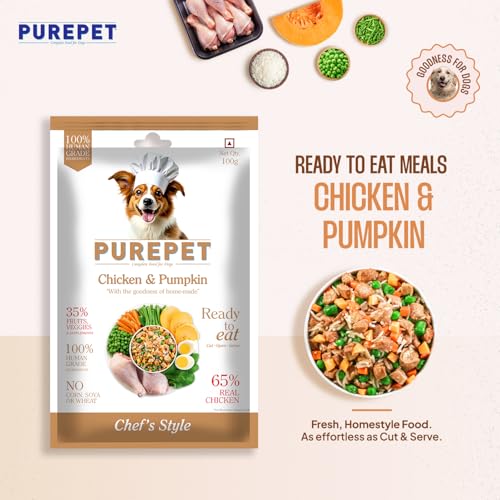 Image of Purepet Fresh Dog Food Chicken & Pumpkin, for Adult & Puppy, 100gm | High Protein, 65% Real Chicken, 35% Fruits & Veggies | No Preservatives | Ready to Serve | All Breeds | One Pack One Meal