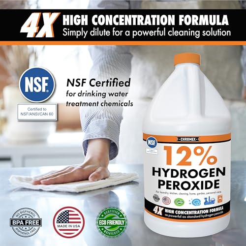 Image of Chromex Hydrogen Peroxide 12 Percent Food Grade, 4x Power Concentrated Solution, 4 Gallons Dilute to 16 Gallons, Versatile Uses include Topical Care, Home, Kitchen, Bath Cleaner, NSF Certified