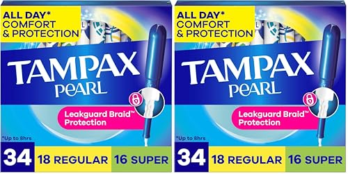 Image of Tampax Pearl Tampons, Regular /Super Absorbency | Unscented | Leakguard Braid | 34 Count | Pack of 2