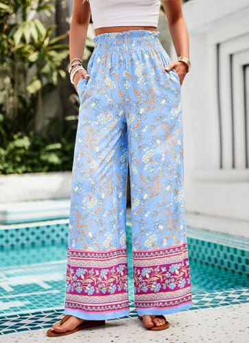 chouyatou Women's Floral Wide Leg Palazzo Pants Boho High Elastic Waisted Beach Flowy Pants with Pockets2