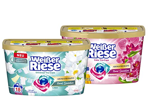 Weißer Riese Universal Trio-Caps Aromatherapie Floral Sensation (18 Wäschen), Waschmittel mit Lotus & Weißer Riese Color Trio-Caps Aromatherapie Floral Sensation (18 Wäschen), Waschmittel mit Orchidee