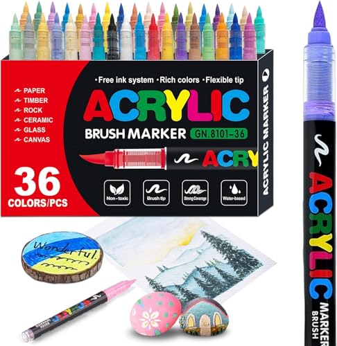 Image of 36 Colors Acrylic Paint Pens, Soft Brush Tip Acrylic Markers, Quick Dry Waterproof Acrylic Paint Markers for Canvas, Wood, Metal, Ceramic, Stone