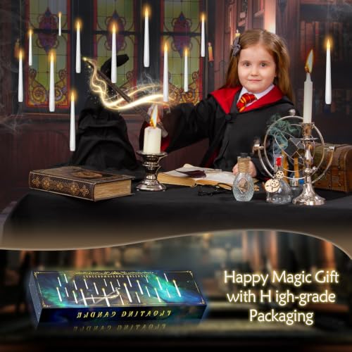 Image of kakoya Flameless Floating Candles with Wand,12 Pcs Magic LED Hanging Taper Candles,Flickering Battery Operated Taper Candle with Wand Remote for Halloween Decorations Best Gift(White)