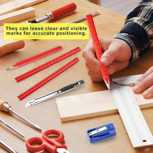 RVLZKCPG 60 Stück Zimmermannsbleistifte, Rote Achteckig Bleistift Baustelle, 175mm Dickkernige Baubleistift, Zimmermann Bleistift mit Bleistiftspitzer Kunstmesser für Zimmerei Zeichnungen