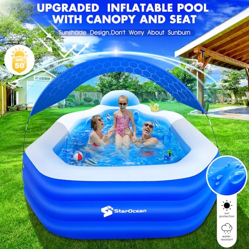 StarOcean Inflatable Pool with Canopy, 2024 Large Inflatable Swimming Pool for Kids,Adult, Blow Up Pool With Seats,Backrest.Durable Thickened 125"x 75"x 25" Inflatable Family Pool for Backyard,Outdoor - Image 3