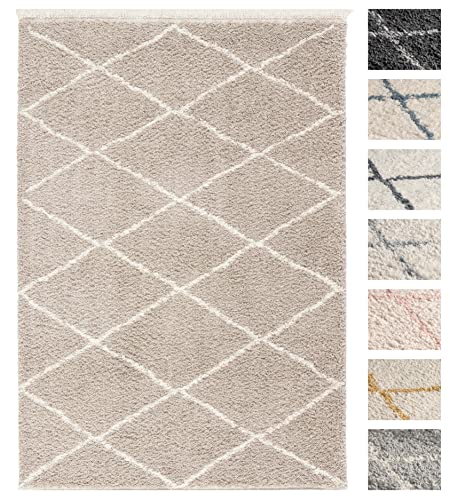 TESSO LIVING Tapis Salon Shaggy 120 X 160 cm Beige, Tapis Chambre Poils Longs Dessin Diamant, Tapis de Sol Ultra Doux