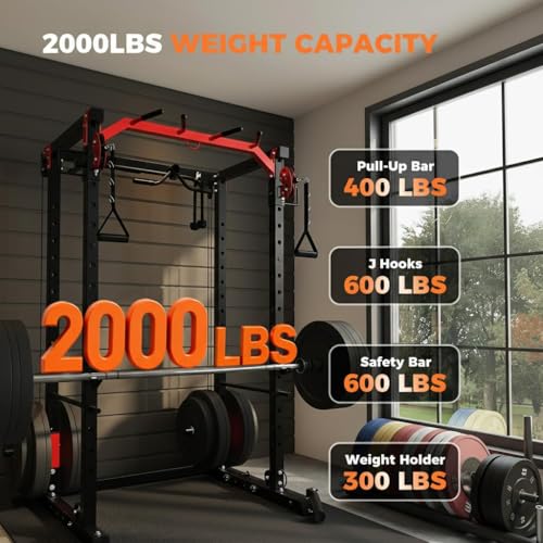 Image of Power Cage, Power Rack with Cable Crossover System, 2000LBS Squat Rack with LAT Pull Down System, Workout Cage with Pulley System for Fitness Home Gym Strength Training (Red&Black)