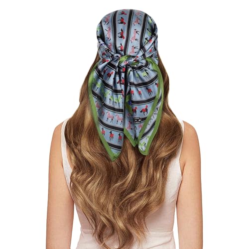 EXTREE 100% Pure Mulberry Silk Scarf Fashion Hair for Women Scarf Lightweight Square Neckerchief 27.5× 27.5 inches Green Colts