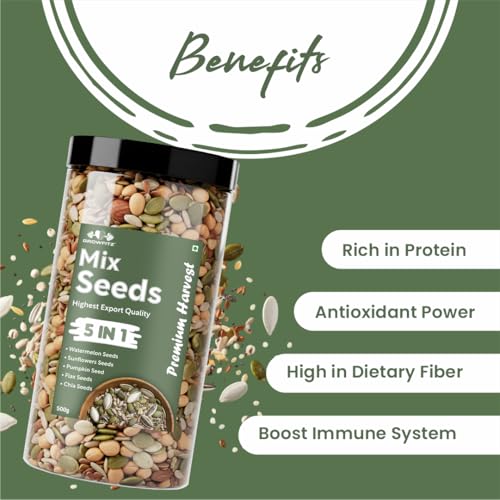 Image of Growfitz 5-in-1 Super Seed Mix | Pack of 2 (500g Each)| 20.5g High Protein & Fiber | Roasted Pumpkin, Sunflower, Flax, Chia, Soy Nuts & Sesame | Healthy Snack | Export Quality Superfood |