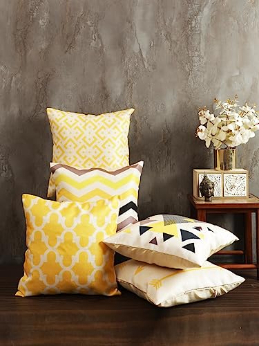 Image of ROMEE Designer Geometric Printed Cushion Covers 16 inch x 16 inch Set of 5 | Decorative Square Jute Throw Pillow /Cushion Cover for Living Room, Sofa, Couch, Bedroom (Beige & Yellow)